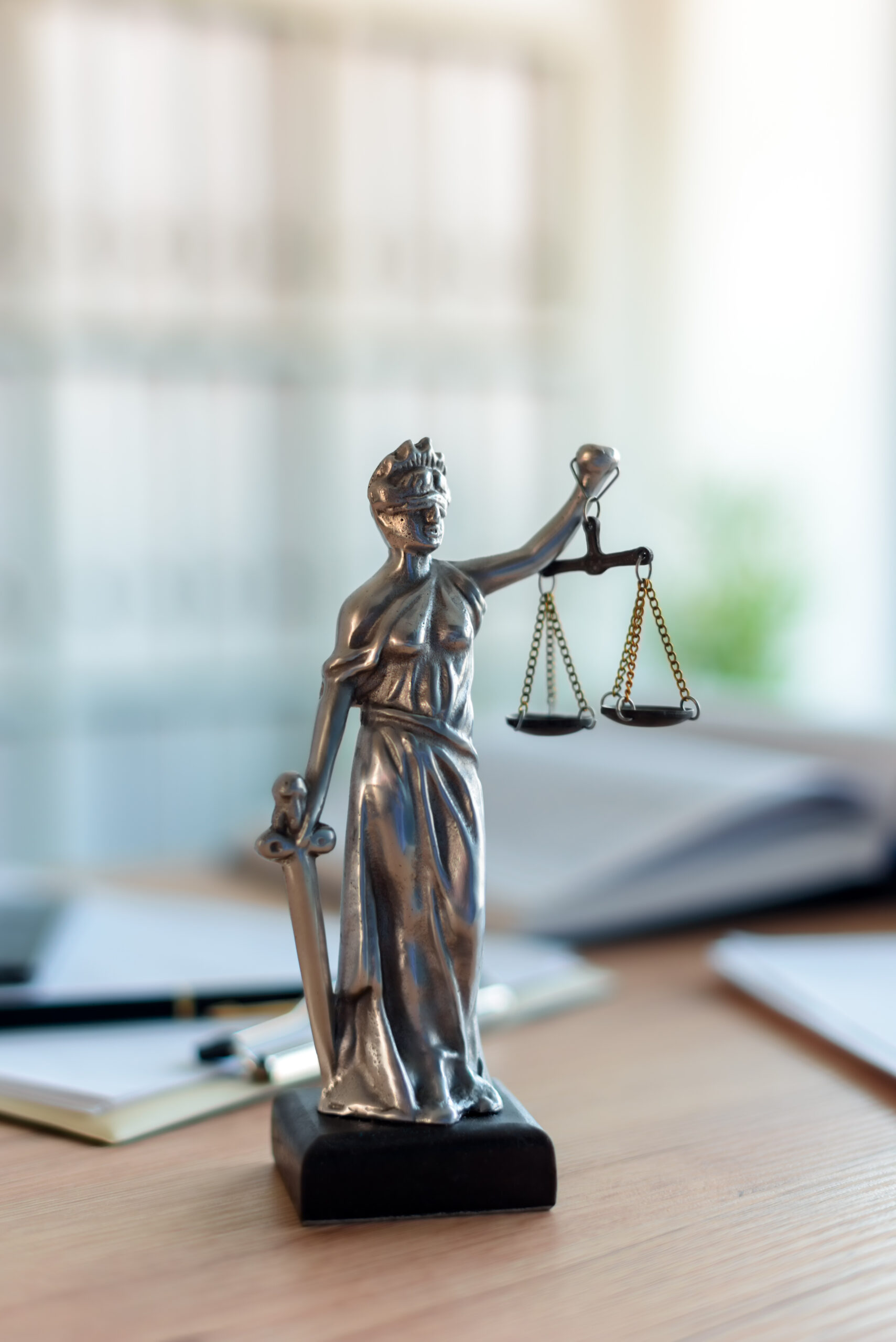 Scales of justice on a desk beside law books