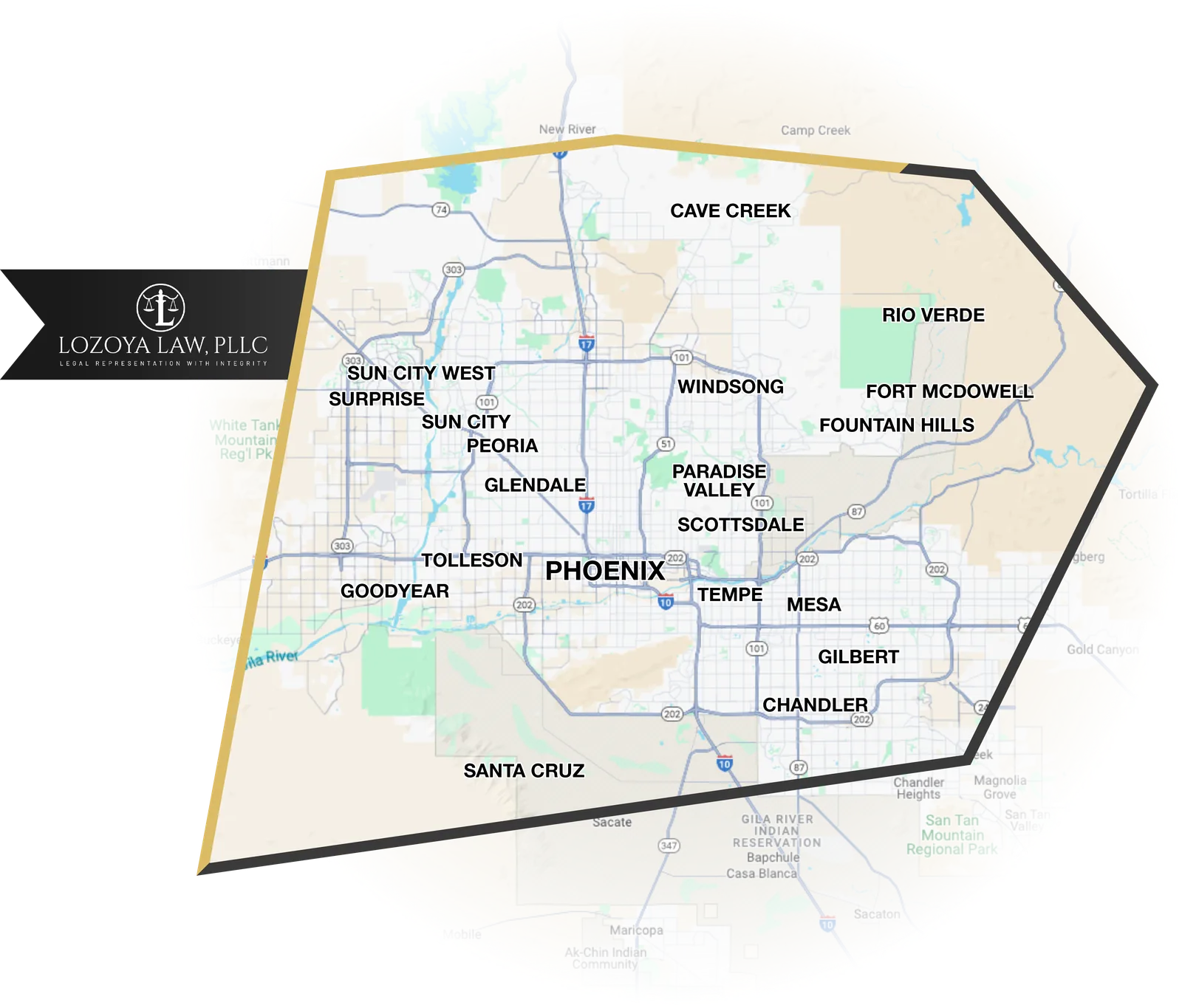 Map of the Greater Phoenix area, home of the Lozoya Law PLLC Glendale office